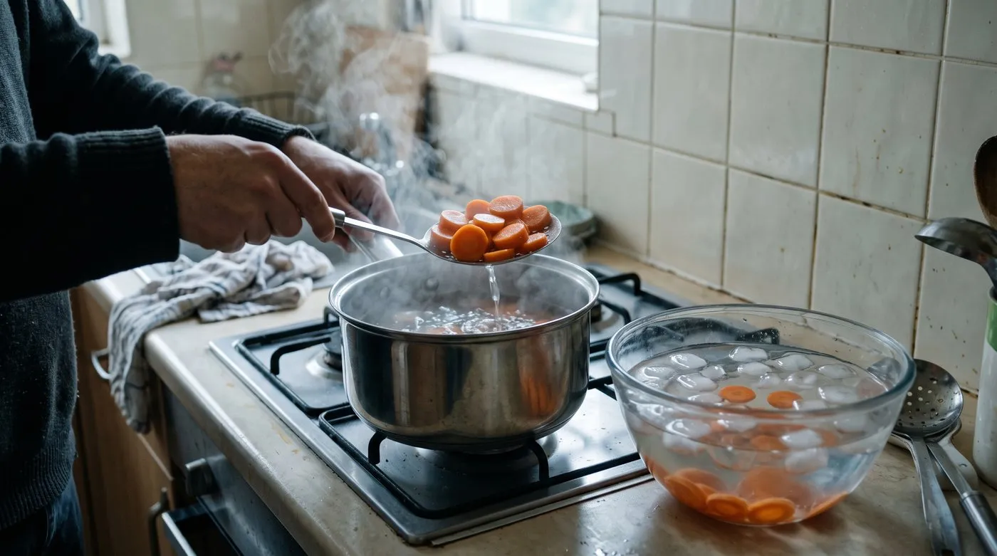 Carrot slices lifted from boiling water into a bowl of iced water to blanch them before drying