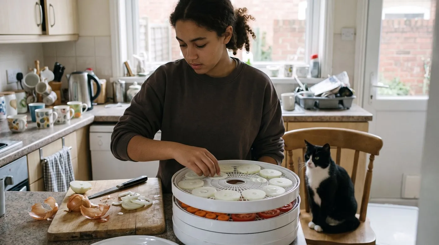 Teenager laying onion slices in a single layer on a dehydrator tray while a cat watches