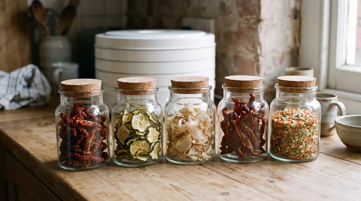 Jars of dried chillies, courgette crisps, onion, red pepper strips and soup mix lined up on a kitchen worktop