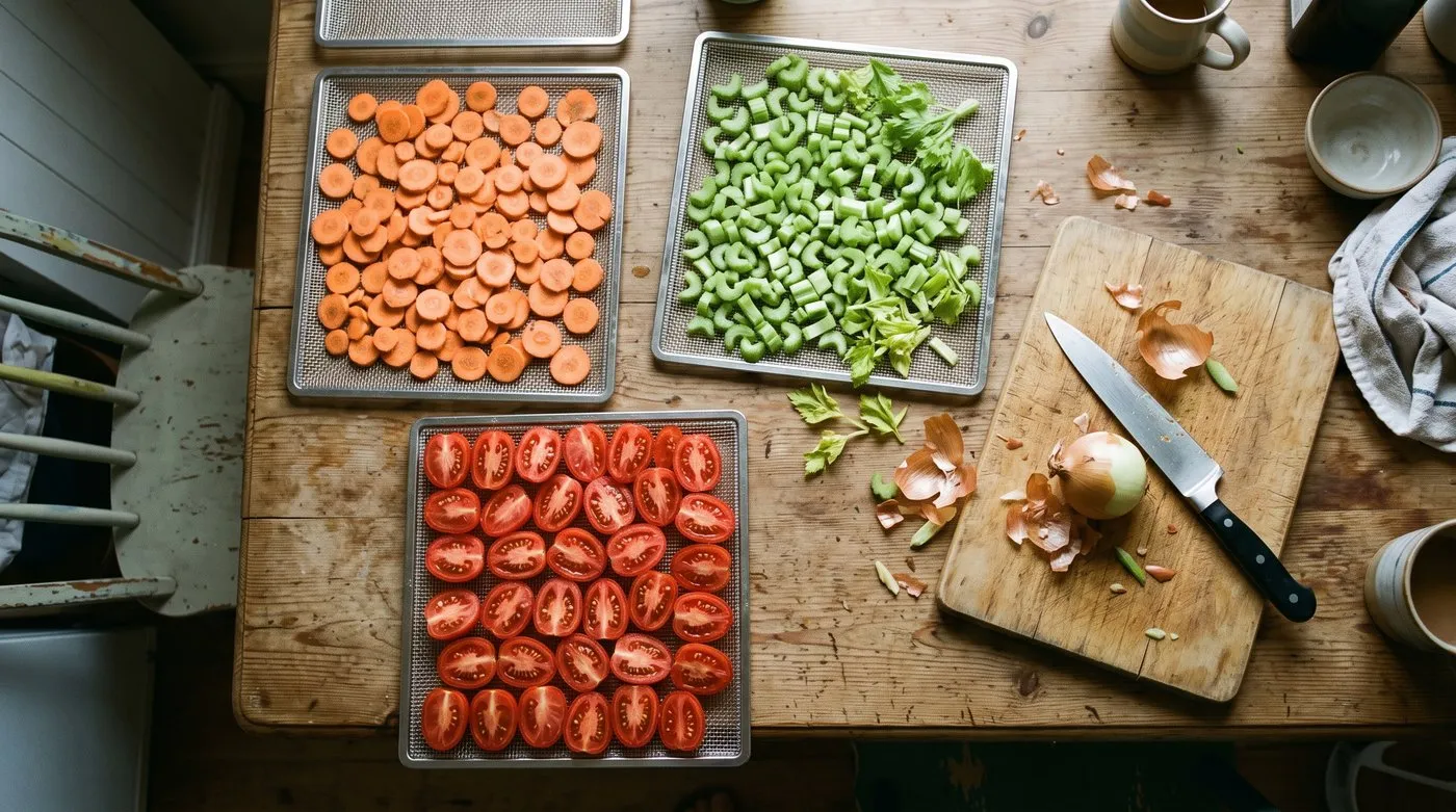 Drying trays of sliced carrot, celery and halved plum tomatoes ready for a dried soup mix