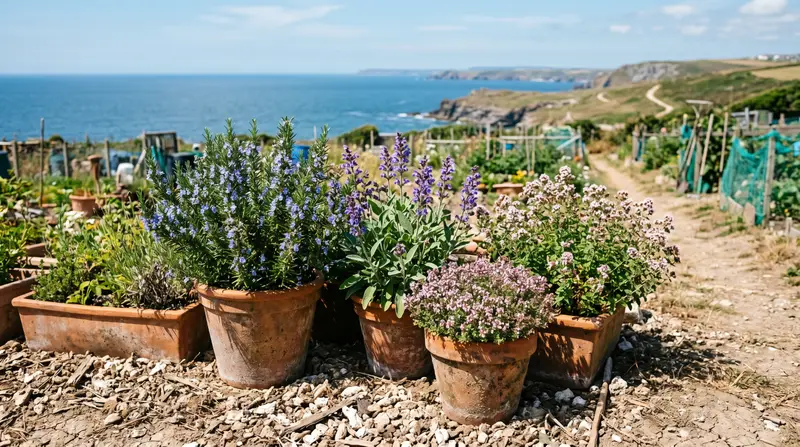 Drought tolerant Mediterranean herbs and vegetables in terracotta containers at a UK seaside allotment in summer