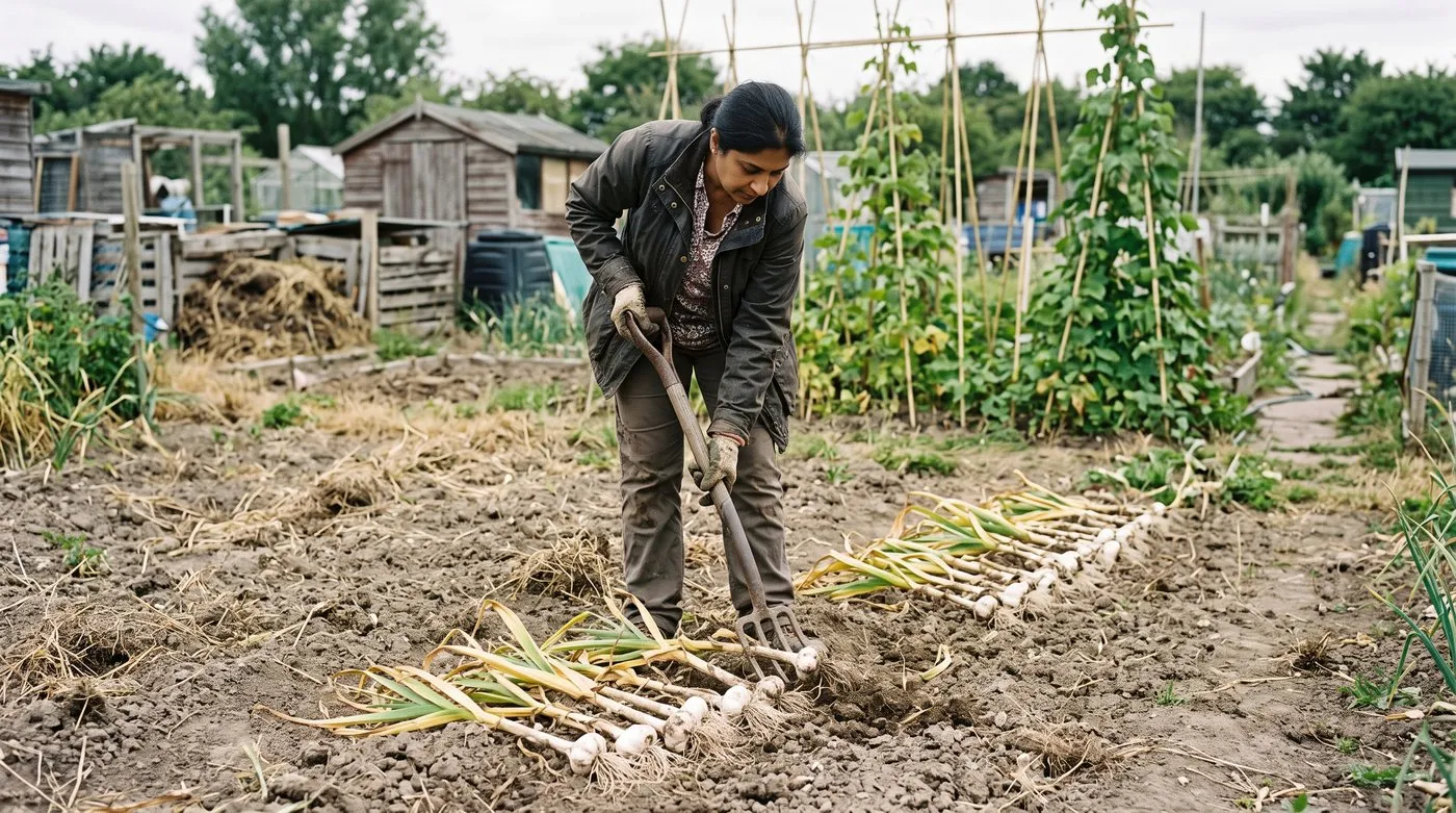 Gardener lifting garlic bulbs with yellowing leaves from dry allotment soil in early summer