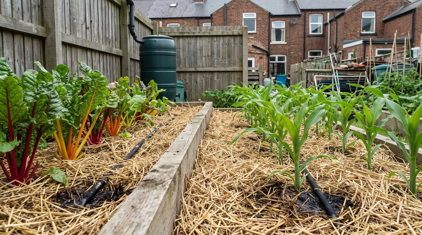 Seep hose running under straw mulch between rows of rainbow chard and young sweetcorn
