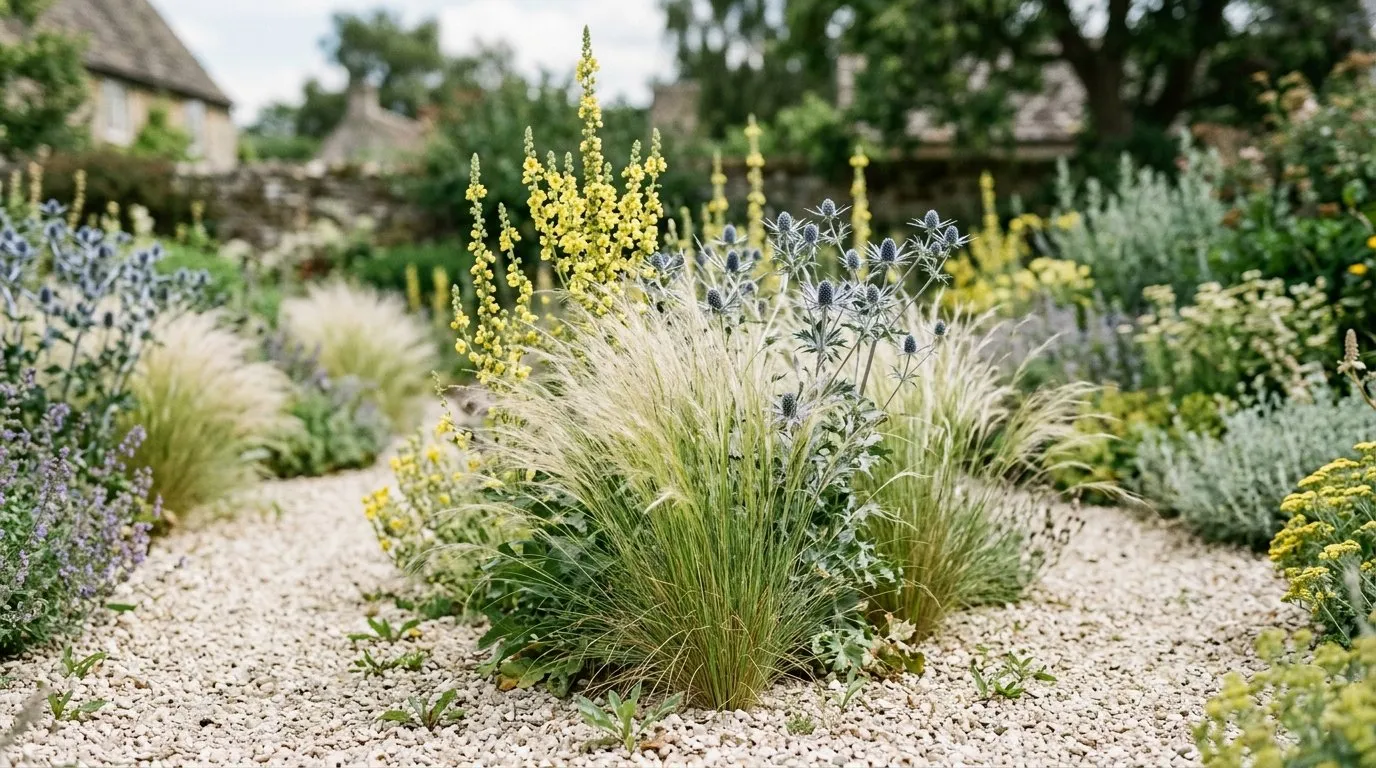 Self-seeded stipa and verbascum creating natural drifts through pale gravel in a mature UK Beth Chatto-style dry garden