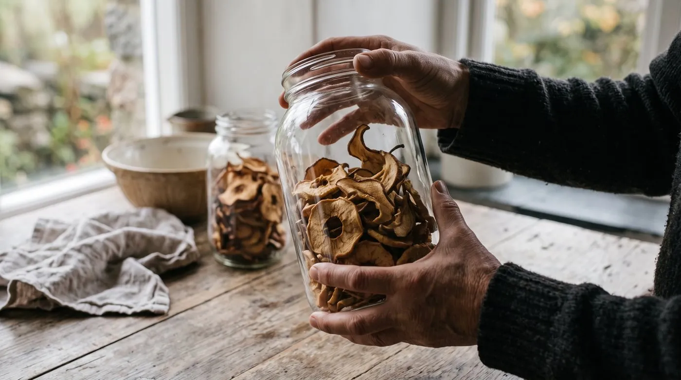 Hands shaking a glass jar two-thirds full of dried apple rings and pear slices to condition them