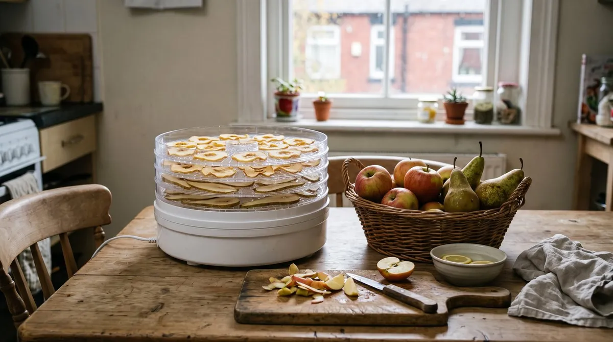 Plain food dehydrator full of dried apple rings and pear slices beside a basket of fresh apples and pears