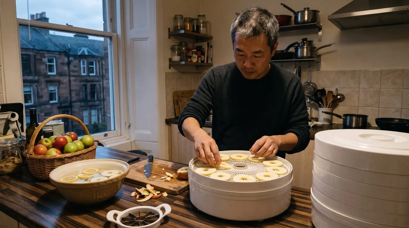 Man laying apple rings in a single layer on a dehydrator tray in a kitchen