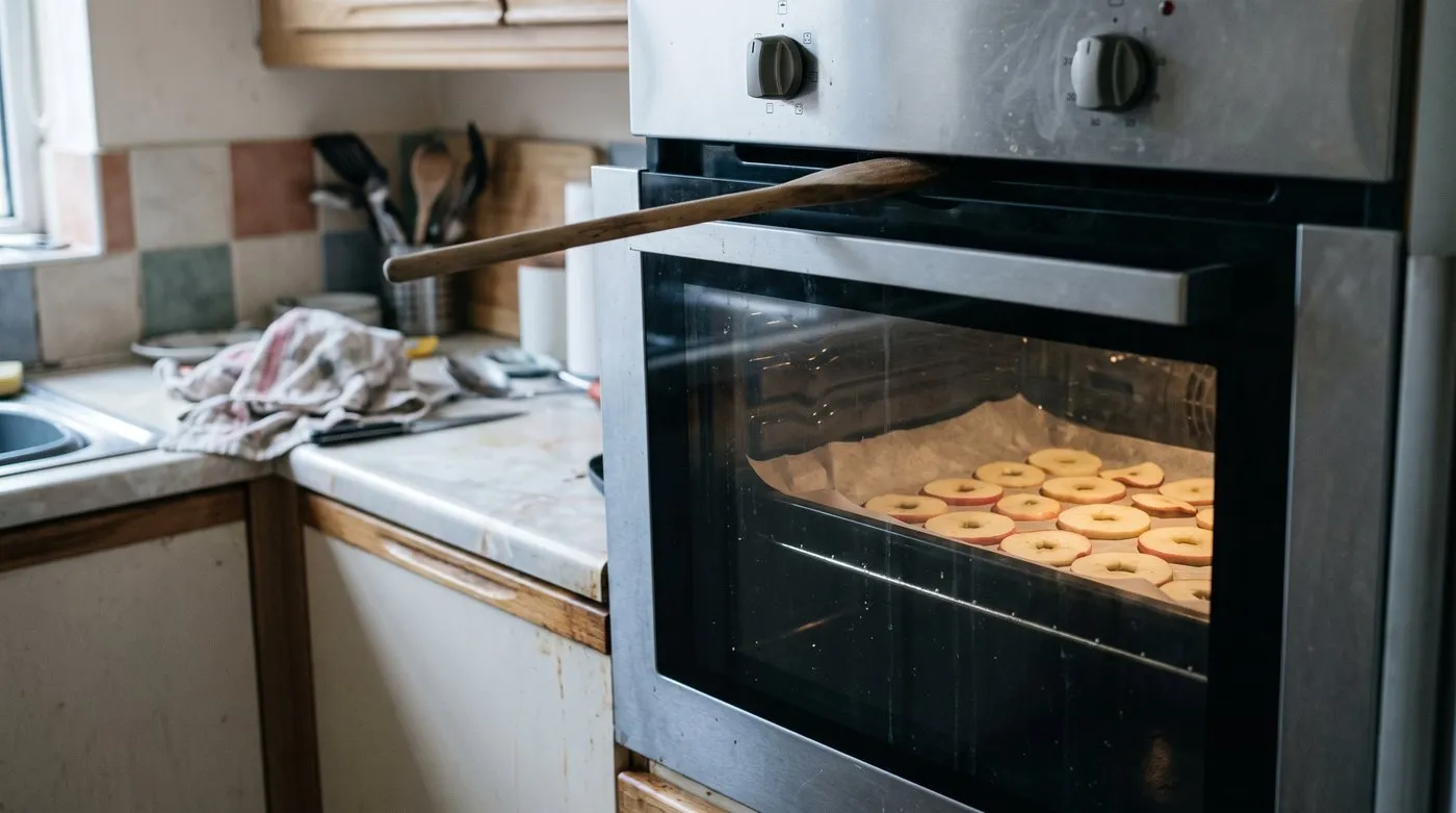 Oven door held slightly open with a wooden spoon while a tray of apple rings dries inside