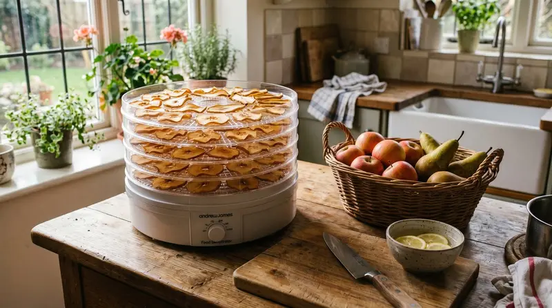Electric food dehydrator on a UK kitchen worktop loaded with leathery rings of Cox apple and tongue-shaped Conference pear