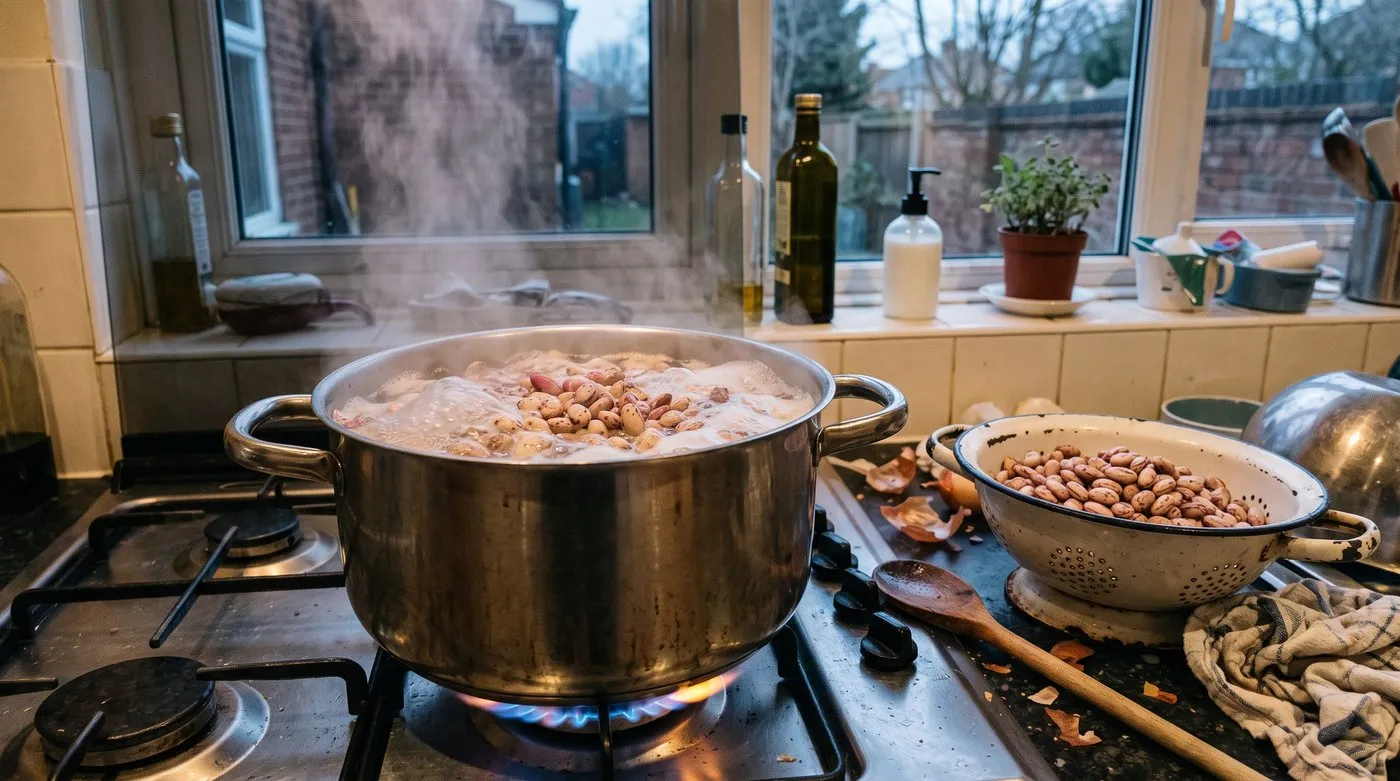 Soaked borlotti beans at a rolling boil in a large pan on a gas hob