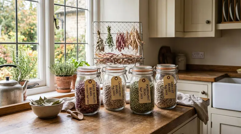 UK kitchen worktop with glass jars of dried borlotti beans, cannellini beans