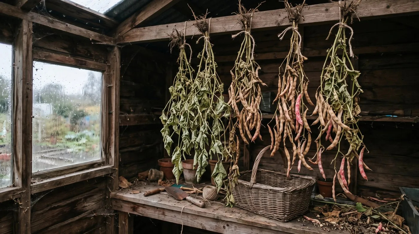 Whole bean plants hanging upside down from a shed roof beam to finish drying their brown pods