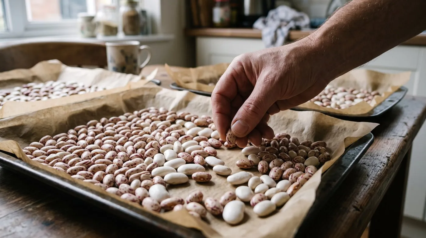 Shelled borlotti and runner beans spread on paper-lined trays, with a hand picking one up to test it