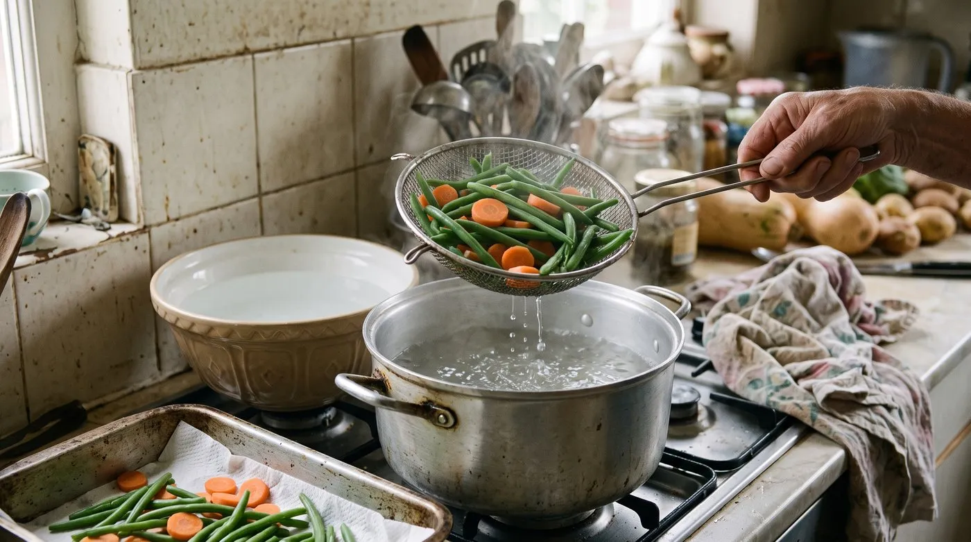 Green beans and carrot slices being moved from boiling water to cold water before drying