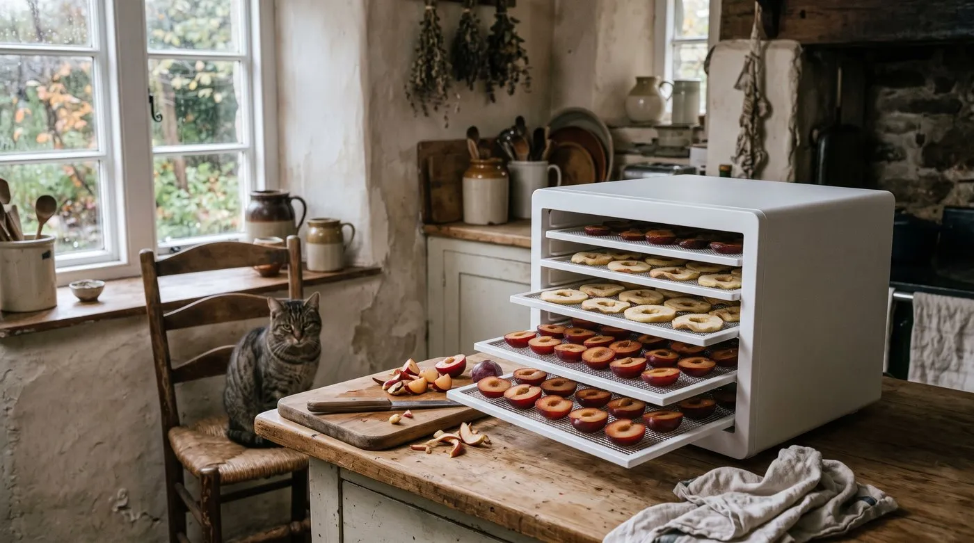 A square dehydrator with trays of apple rings and halved plums, with a cat watching nearby