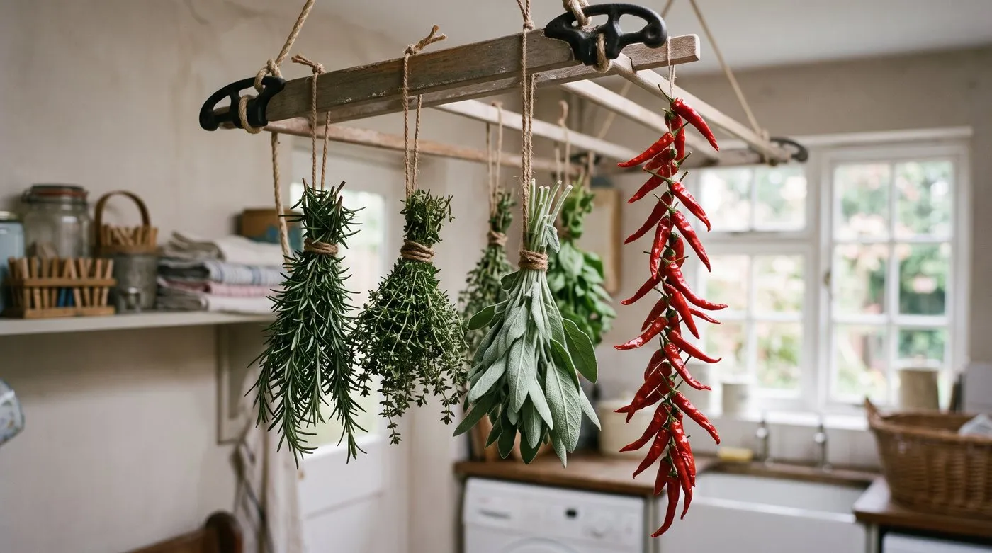 Bunches of rosemary, thyme and sage hanging upside down to dry next to a string of red chillies