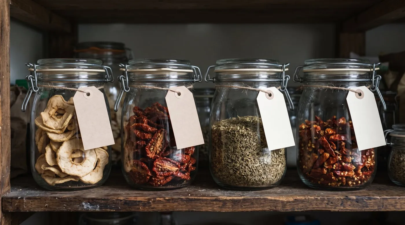 Glass jars of dried apple rings, tomatoes, oregano and chillies on a pantry shelf