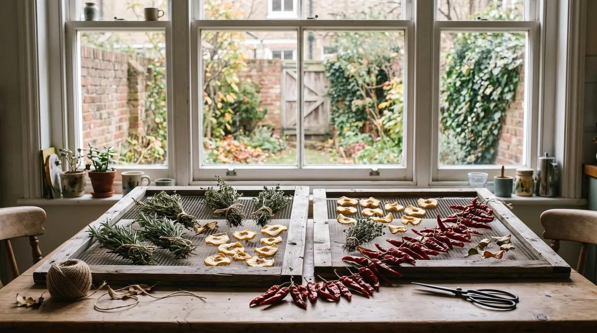 Herbs, apple rings and red chillies drying on mesh racks on a kitchen table