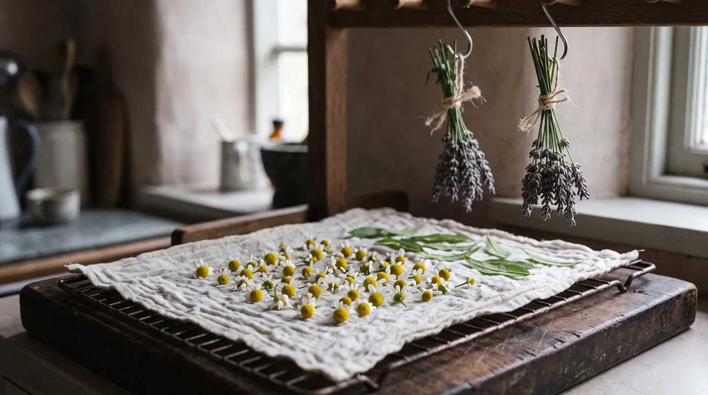 Chamomile flowers drying flat on a muslin rack with bunches of lavender hanging to dry for tea
