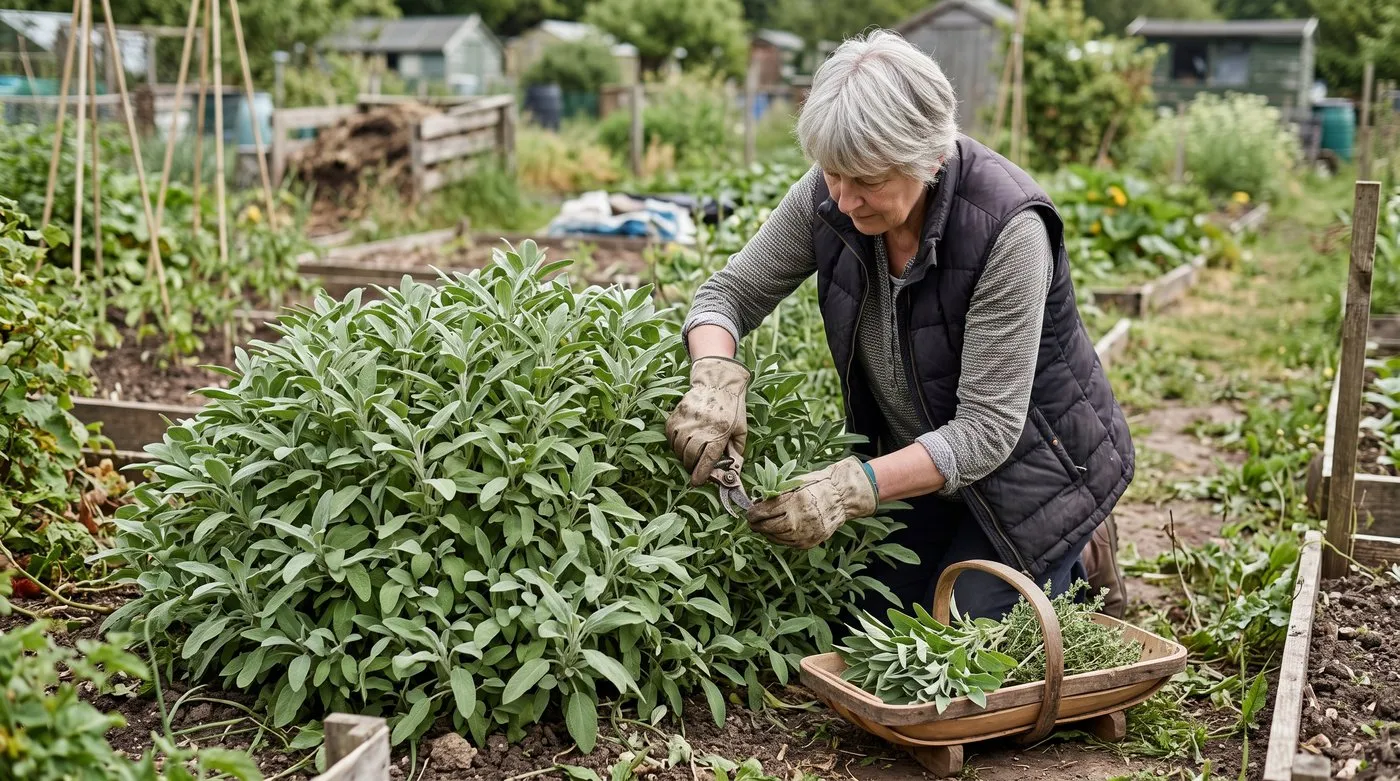 Woman cutting sage stems with secateurs on a dry morning, harvesting herbs for drying