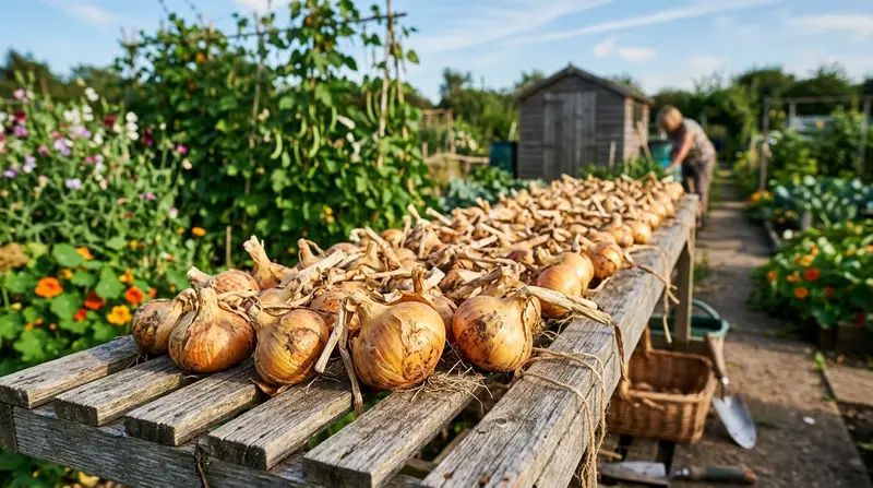 UK allotment harvest of Sturon and Stuttgarter Giant brown onions laid out on a wooden slatted rack curing in late summer