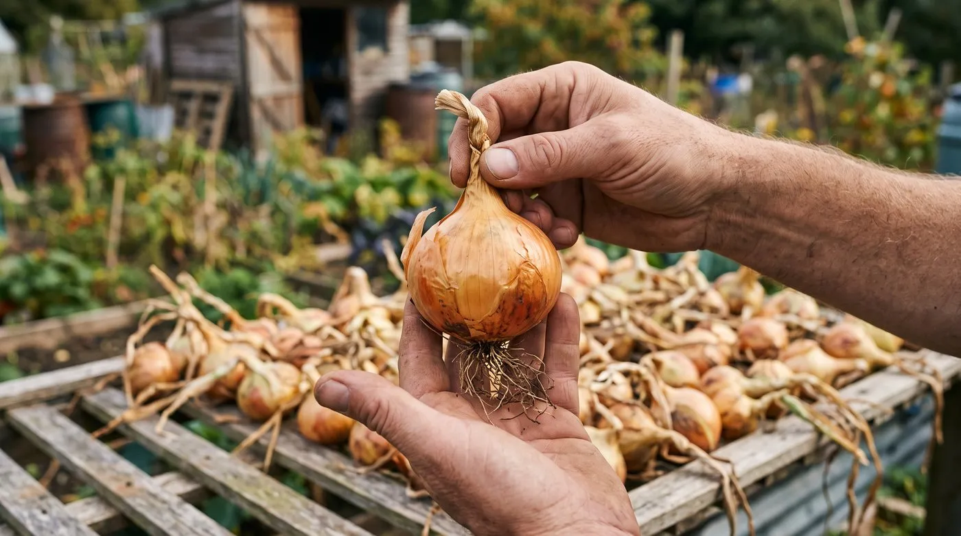 Fingers pinching the thin, dry neck of a cured brown onion to check it is ready to store