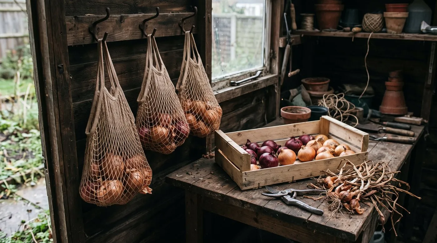 Cured onions in hanging net bags and a slatted crate in a cool garden shed