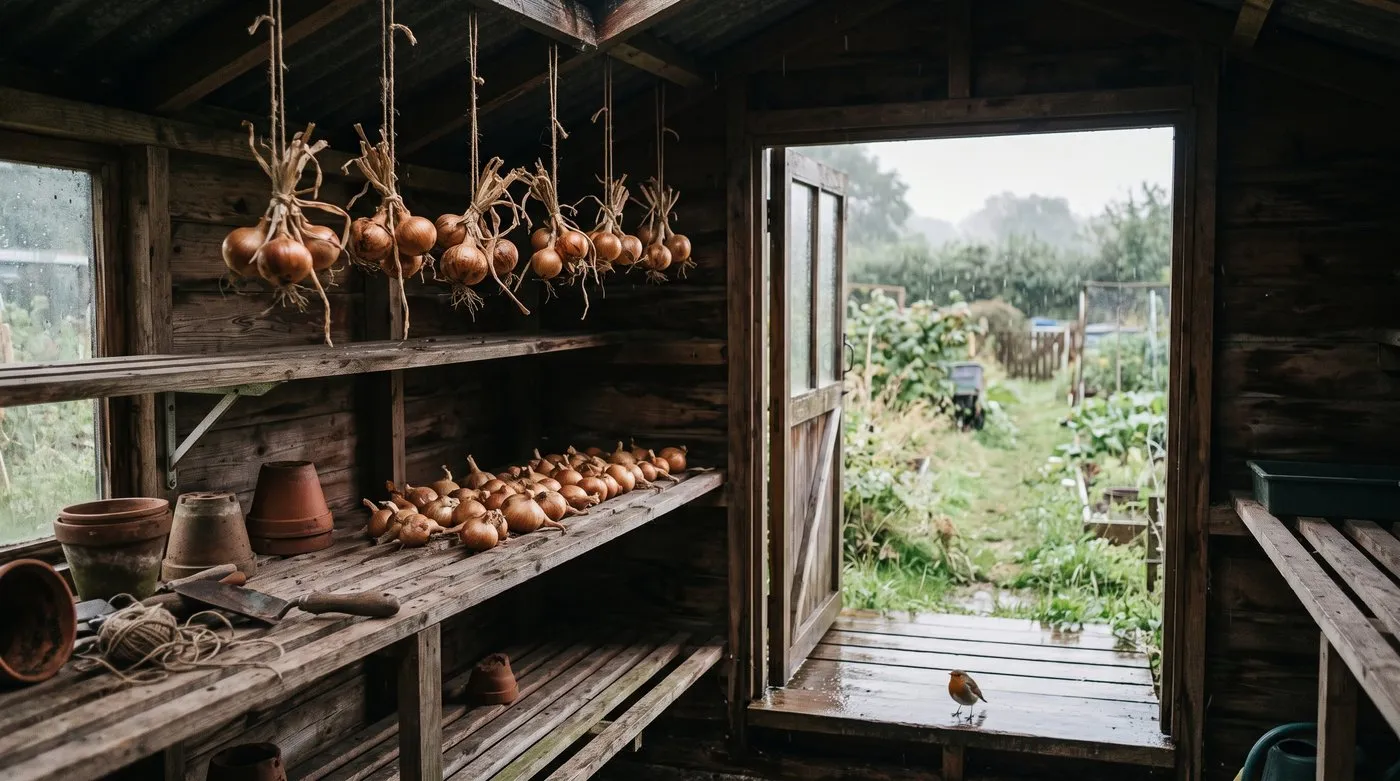 Bunches of onions hanging from a shed beam and more on slatted shelves, curing under cover on a rainy day