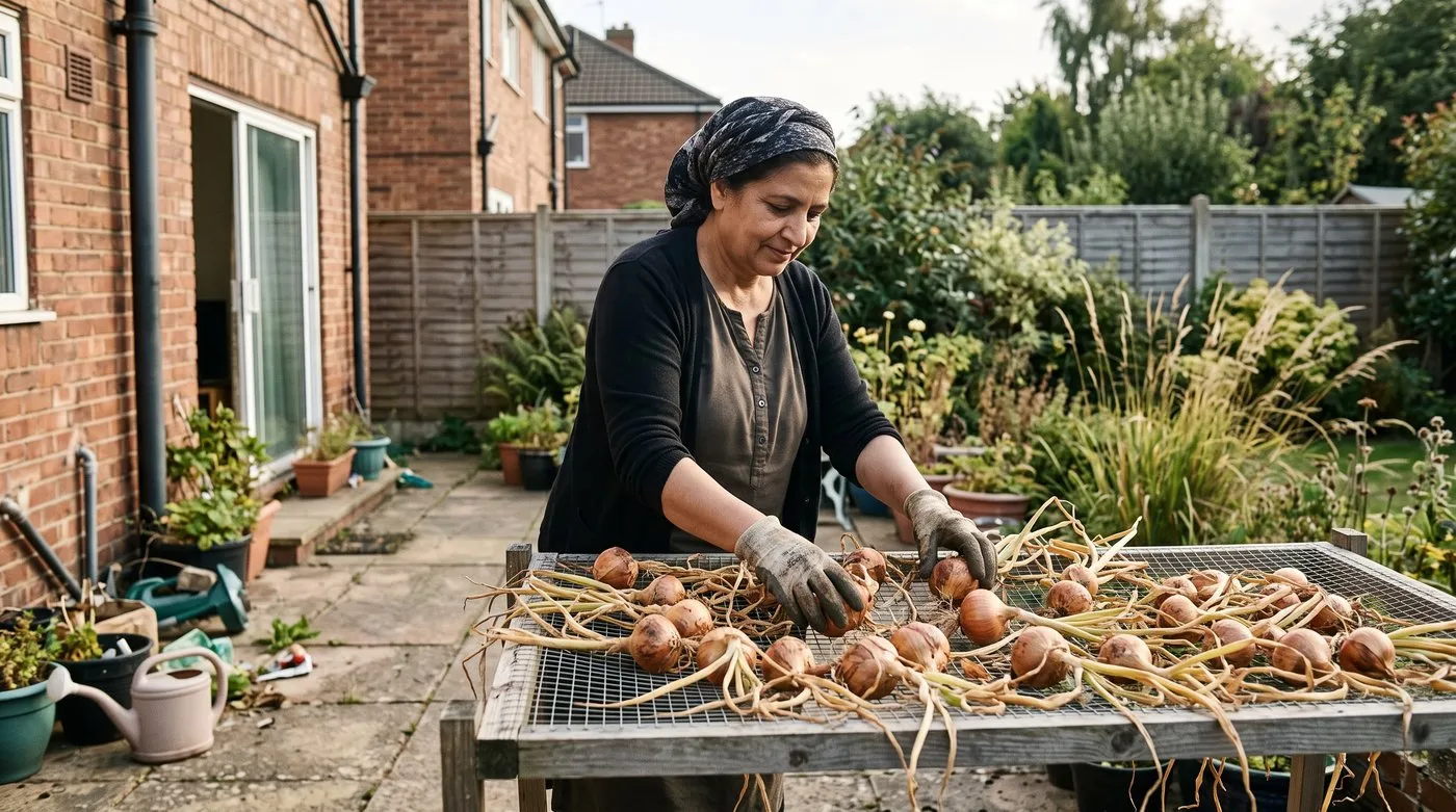 Gardener turning onions in a single layer on a raised mesh drying rack in the sun