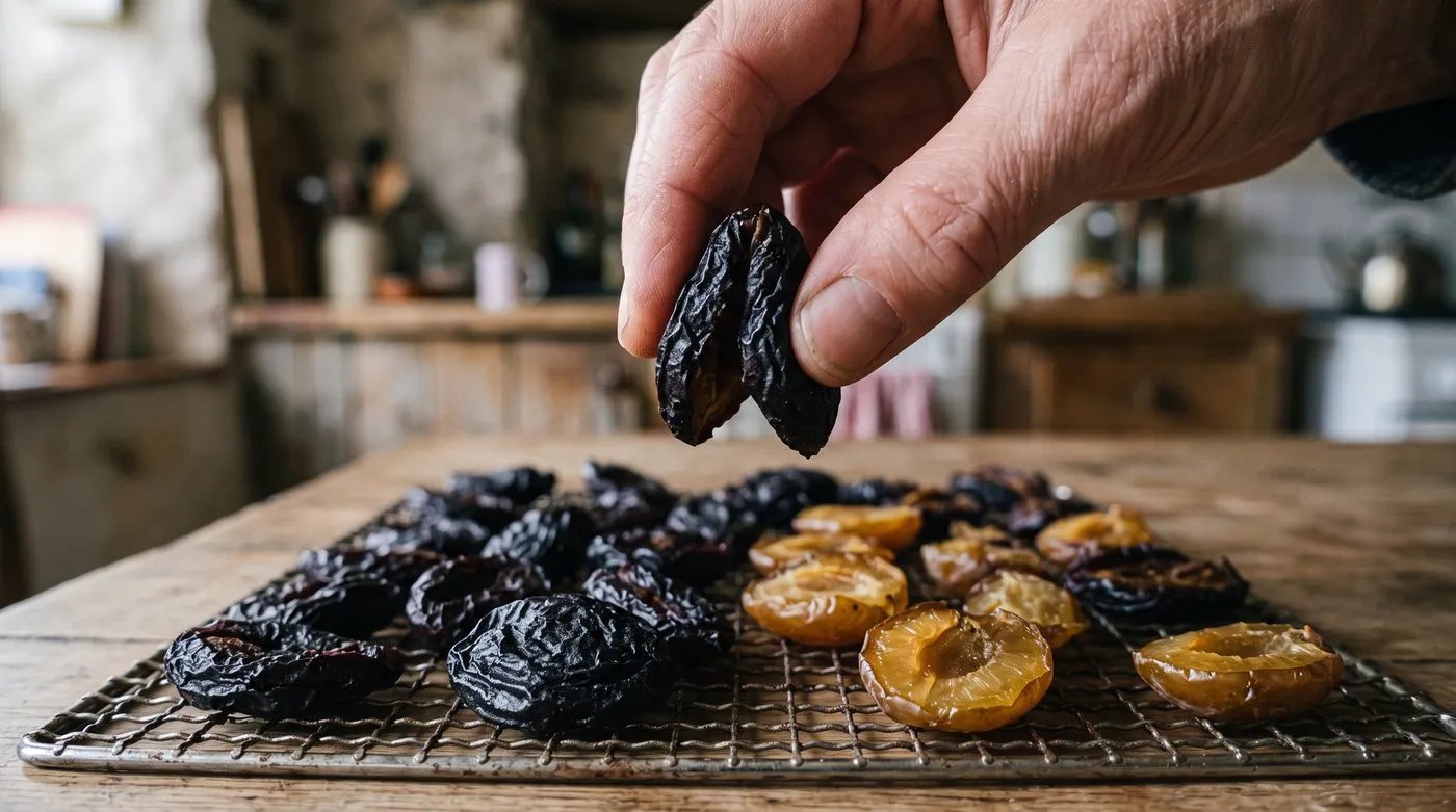 Fingers bending a leathery dried plum half over a tray of dried plums and greengages