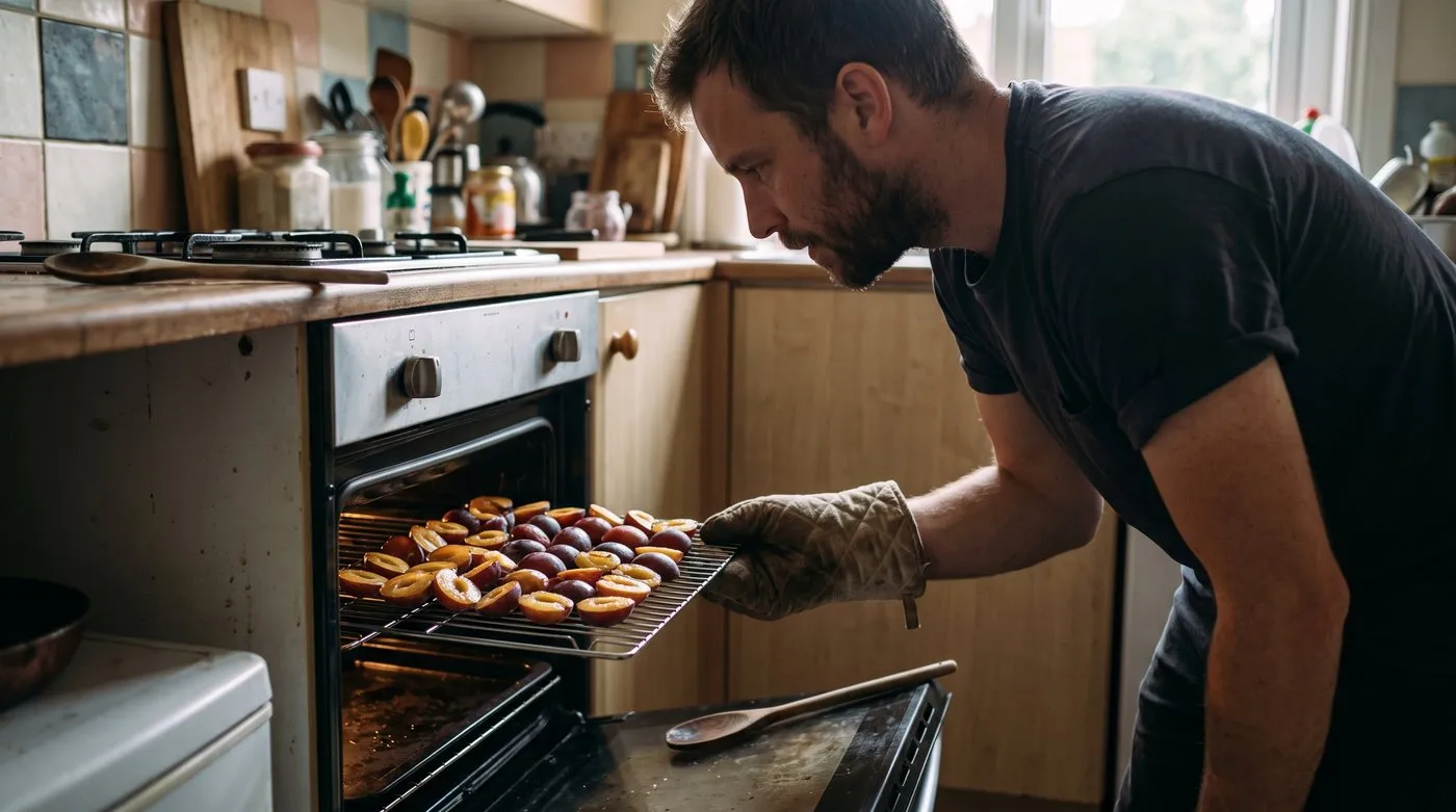 Man sliding a wire rack of halved plums, cut side up, into a low oven over a baking tray