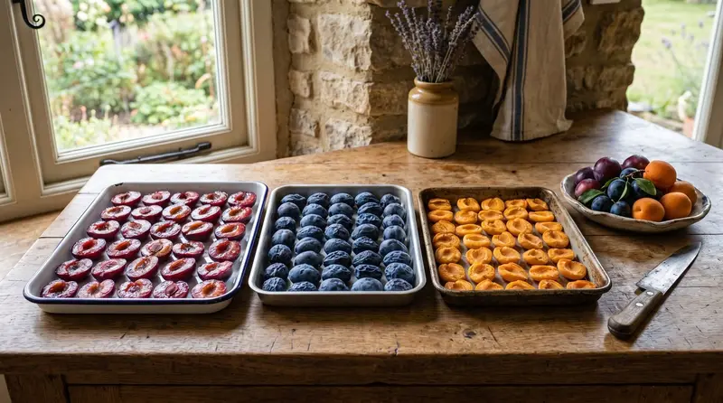 Three kitchen trays of part-dried stone fruit halves in a UK kitchen: Victoria plums