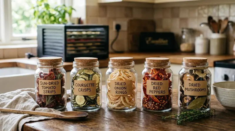 UK kitchen worktop with jars of dried homegrown vegetables - sun-dried tomato strips, courgette crisps, dried onion rings