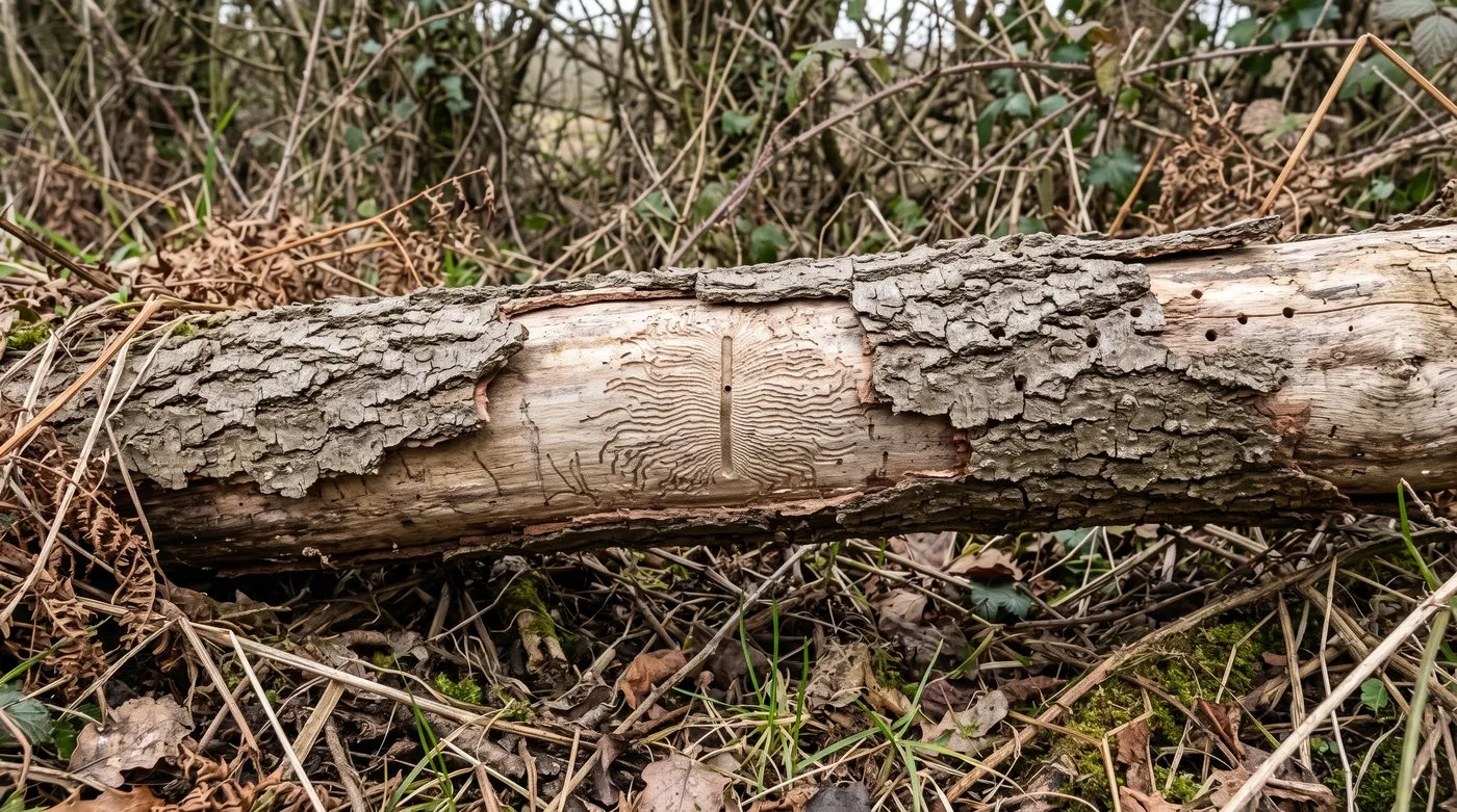 Bark peeled from a dead elm branch showing a central beetle tunnel with fine side tunnels fanning out