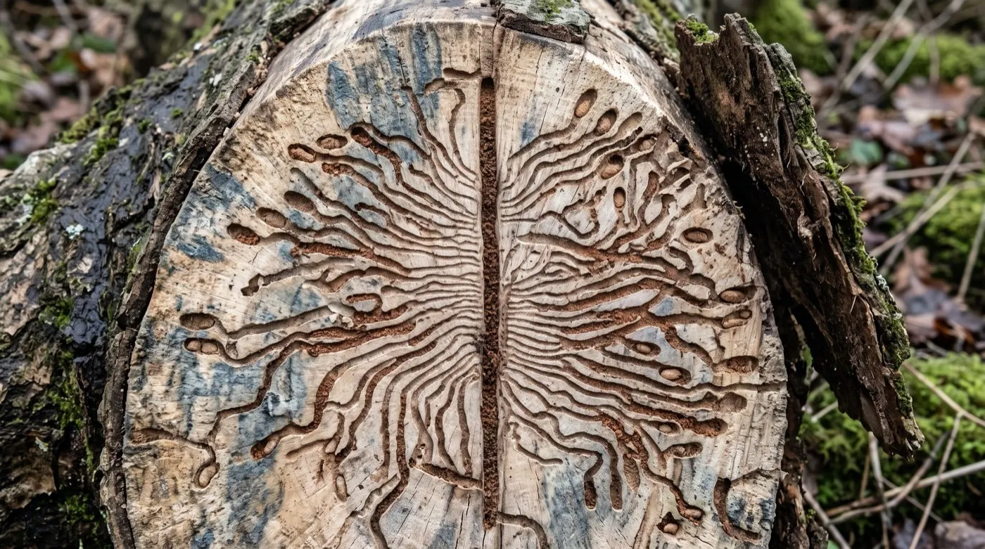 Elm bark beetle breeding galleries under the bark of a dead elm, with maternal tunnel and larval tunnels