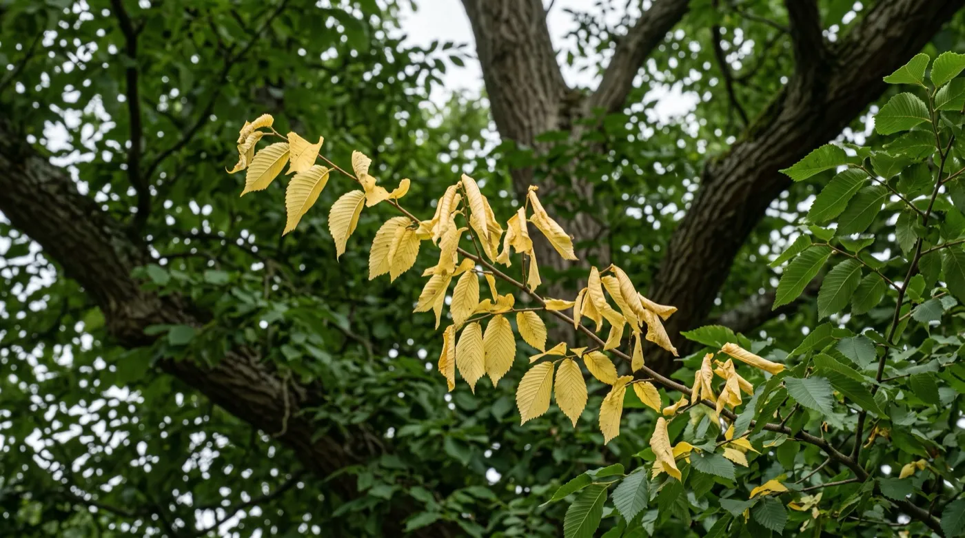 Dutch elm disease flagging: a branch of yellowed, wilting leaves standing out against the green crown of a UK elm