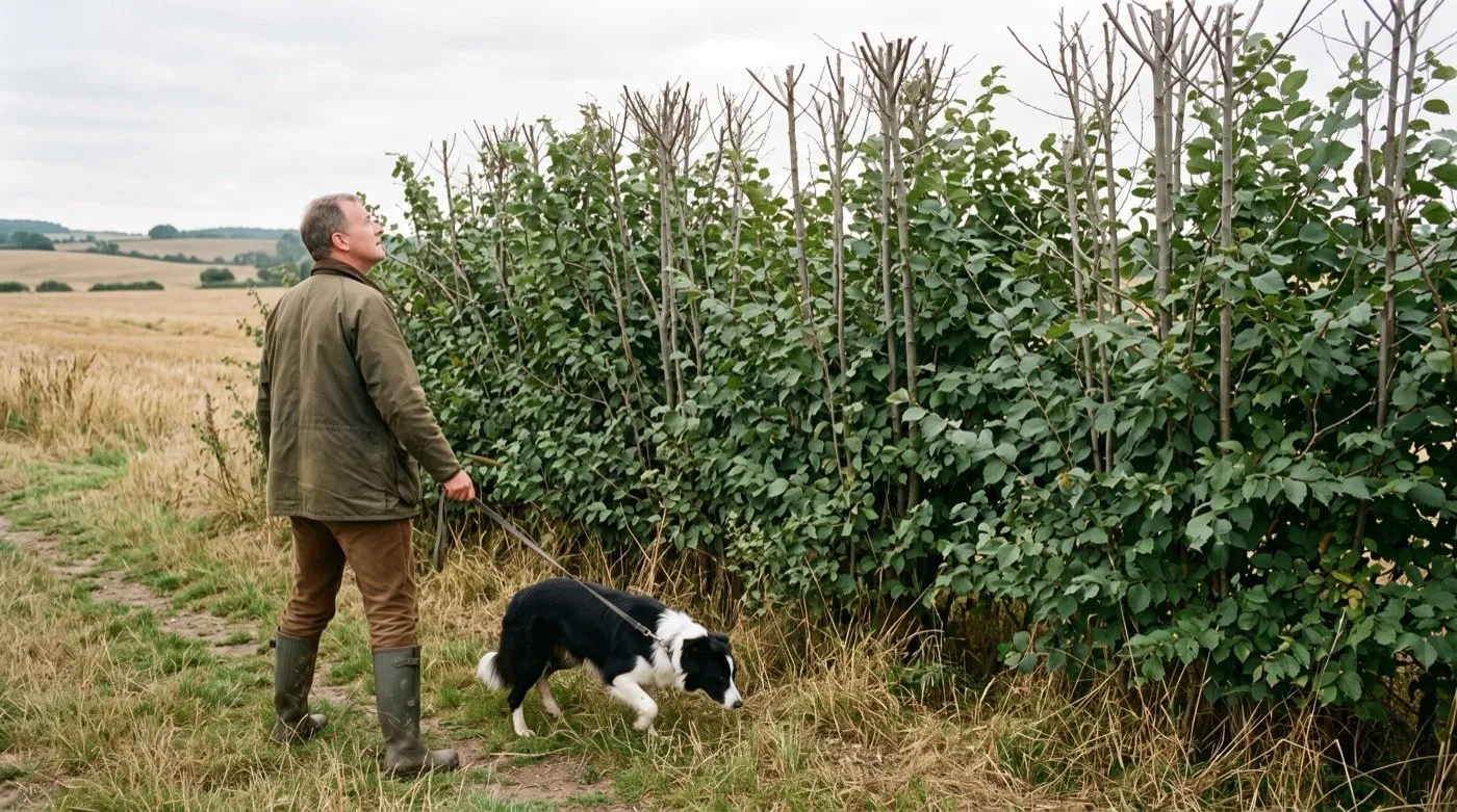 Dog walker beside a Midlands hedgerow of elm suckers, showing the 5m height most surviving English elm now reaches