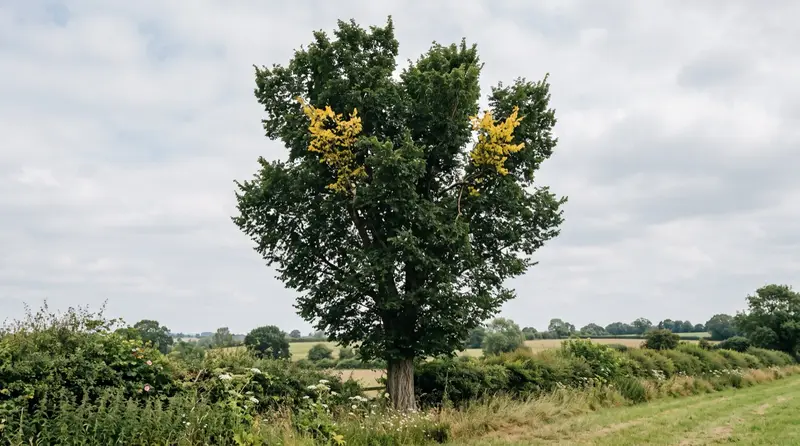 Mature elm in a Staffordshire hedgerow with yellowed flagging branches, the first sign of Dutch elm disease