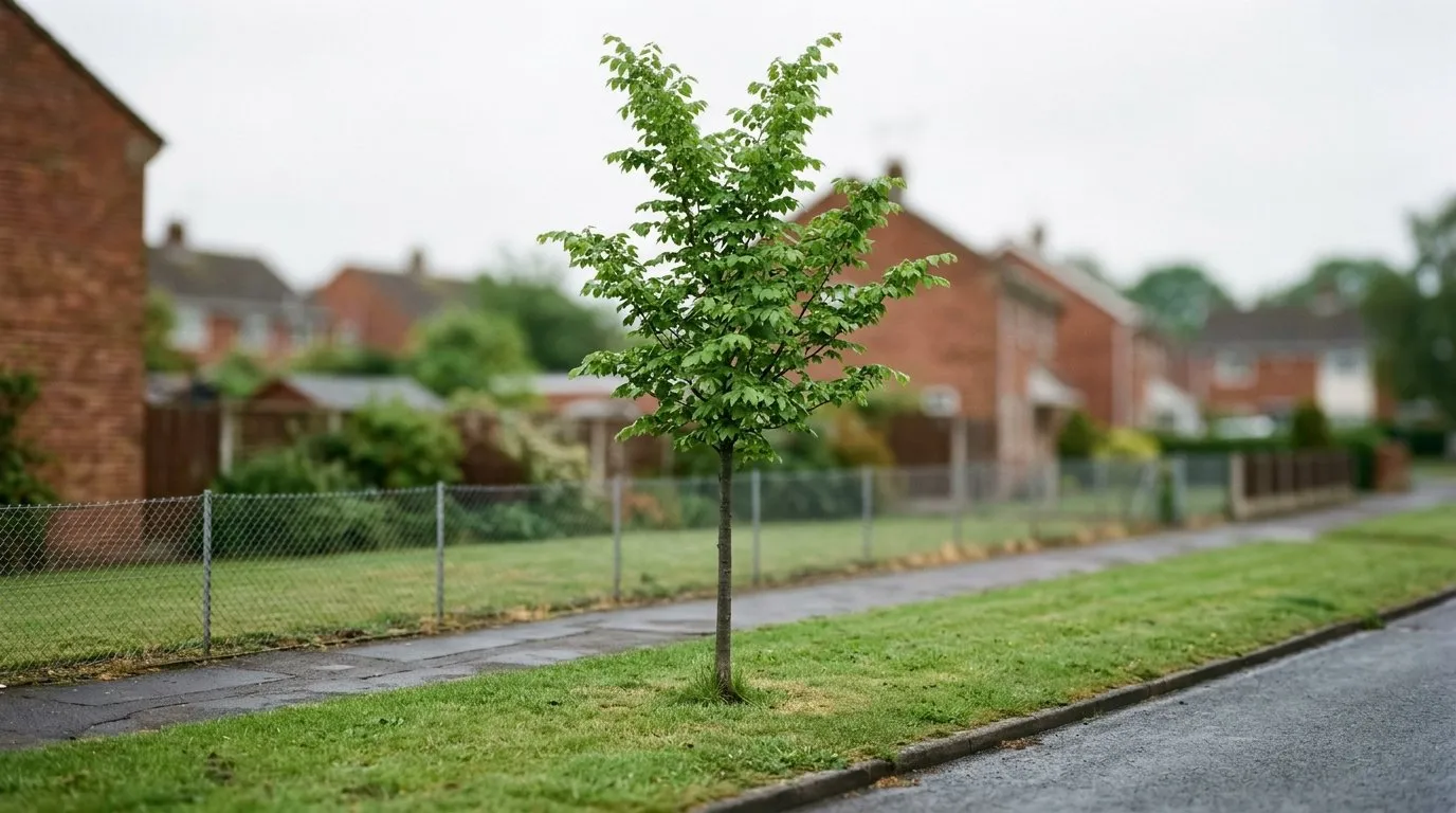 A healthy disease-resistant elm cultivar growing as a young street tree in Brighton, with a narrow upright crown