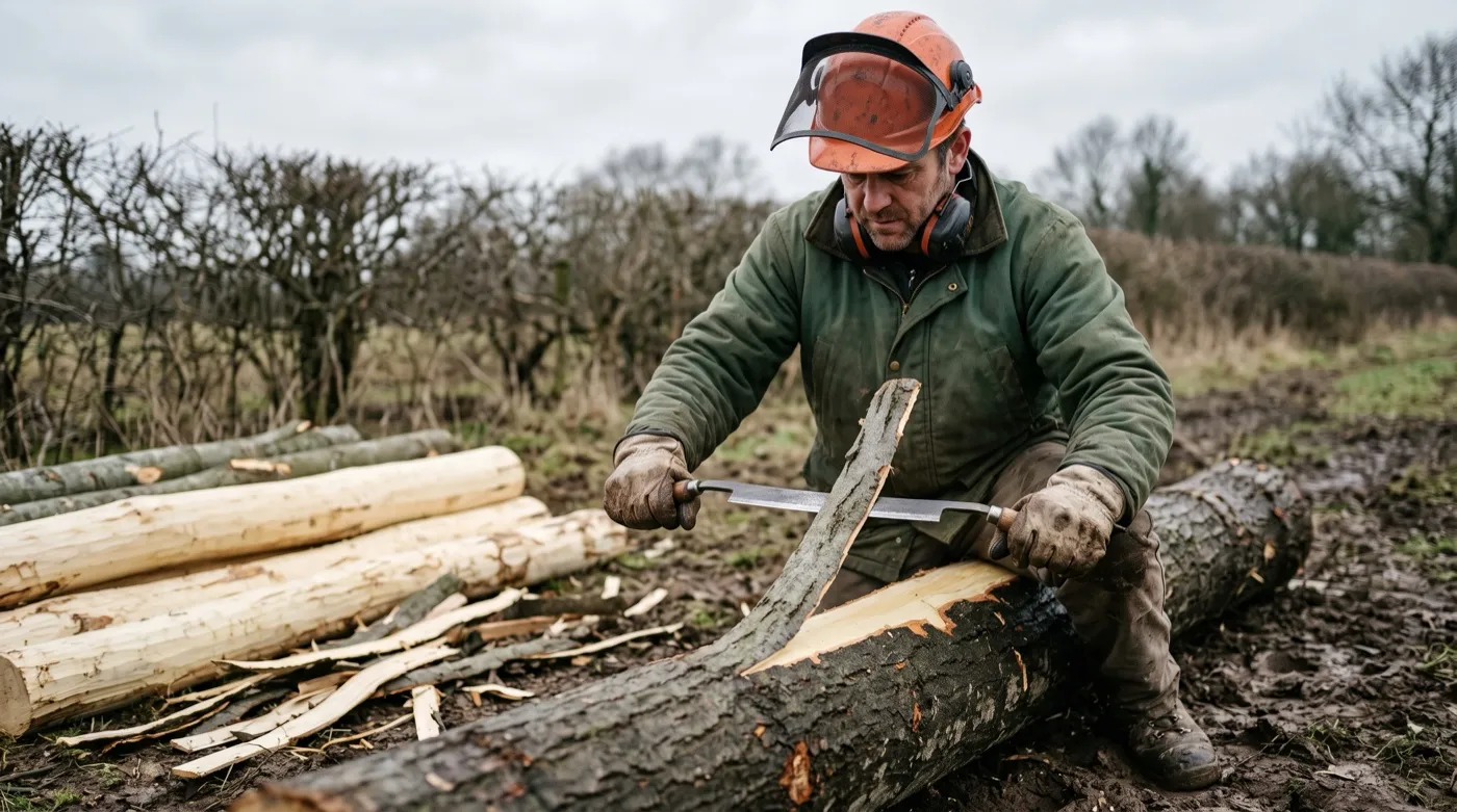 Sanitation felling for Dutch elm disease: felled elm logs debarked on site to destroy beetle habitat