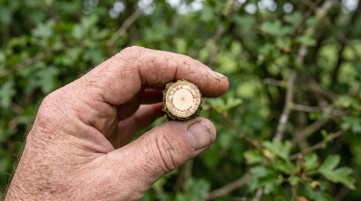 The Dutch elm disease ring test: a cut elm twig cross-section showing brown staining in the outer sapwood