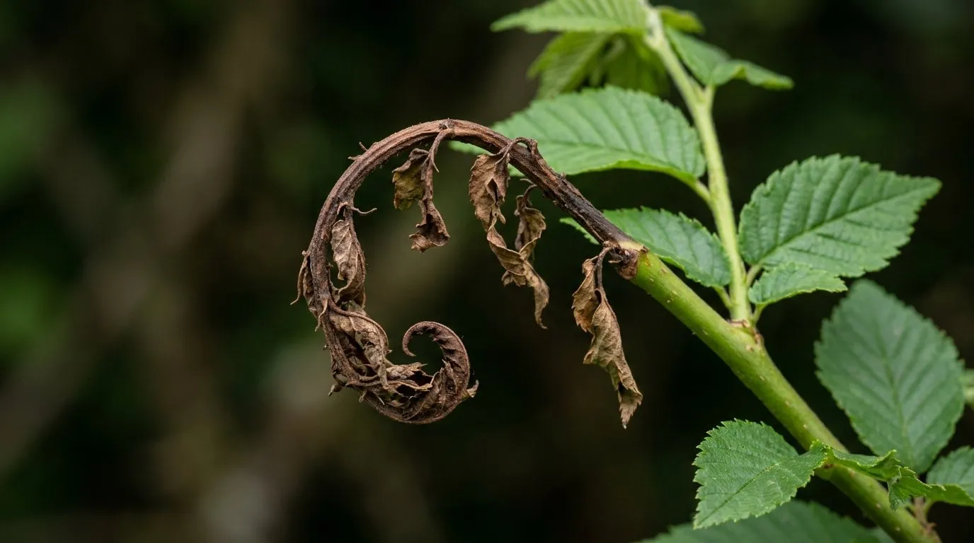 Shepherd's crook symptom of Dutch elm disease: a wilting elm shoot tip curled over into a tight hook