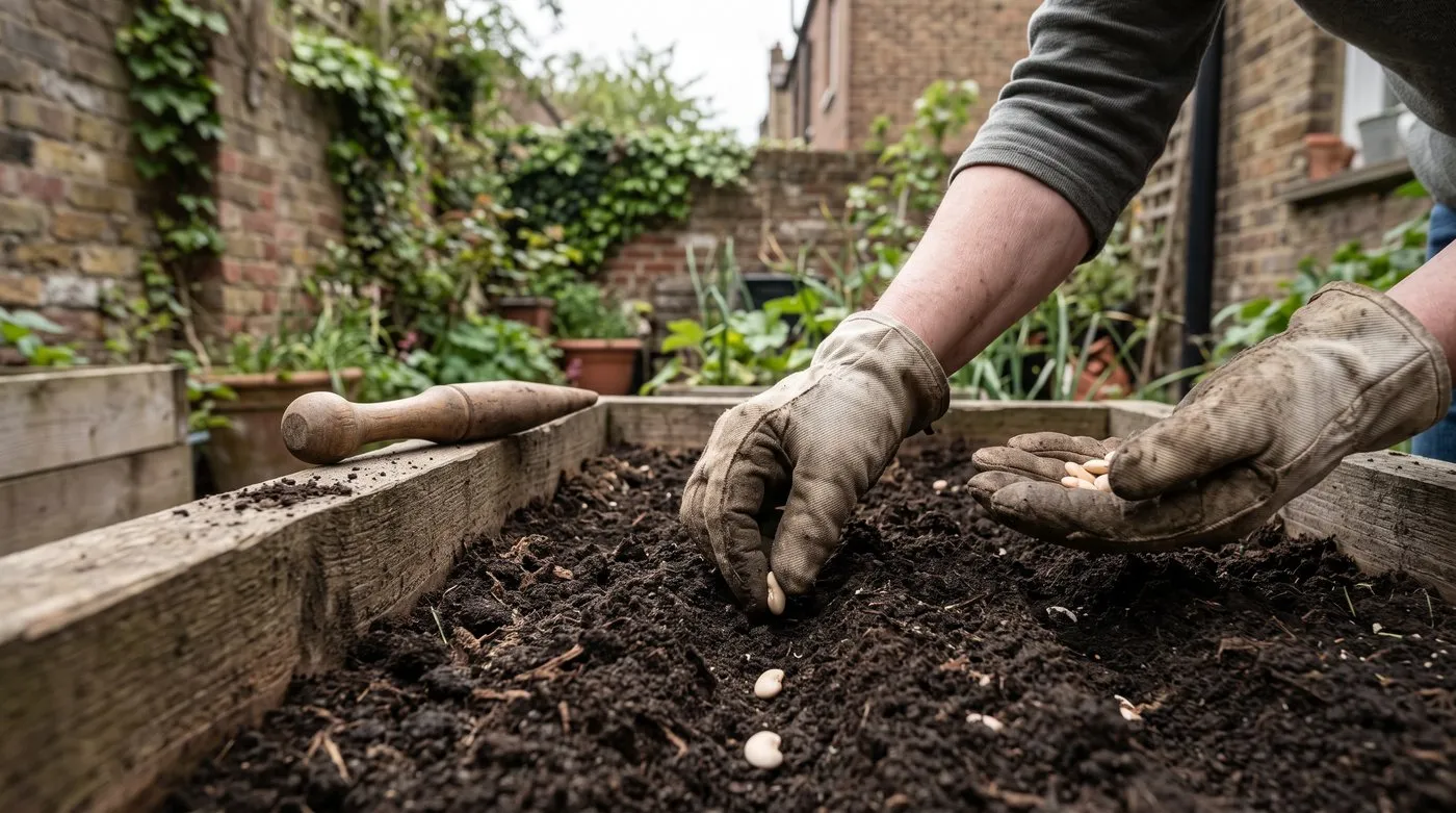 Gloved hands sowing French bean seeds 5cm deep along a row in a raised bed