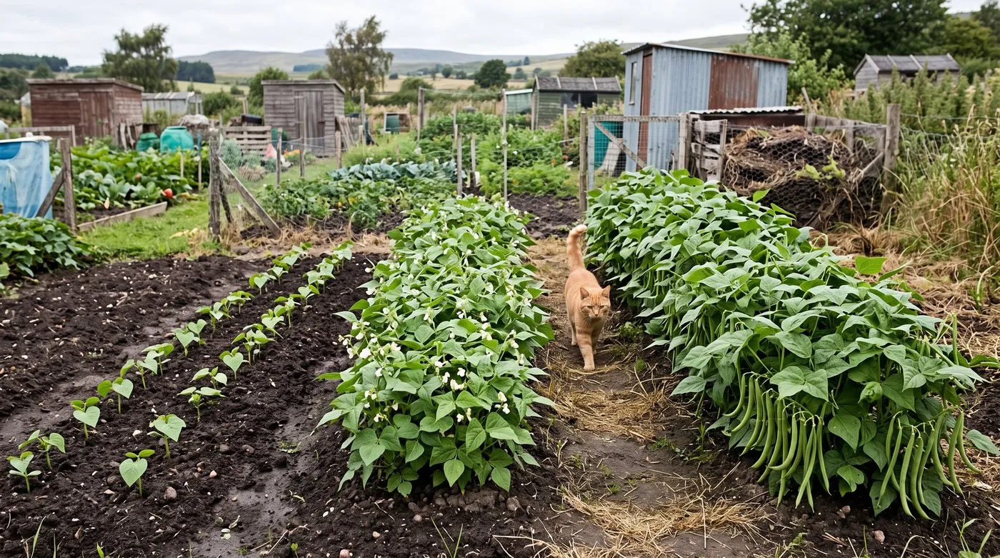 Three rows of dwarf French beans sown weeks apart, from seedlings to plants in pod