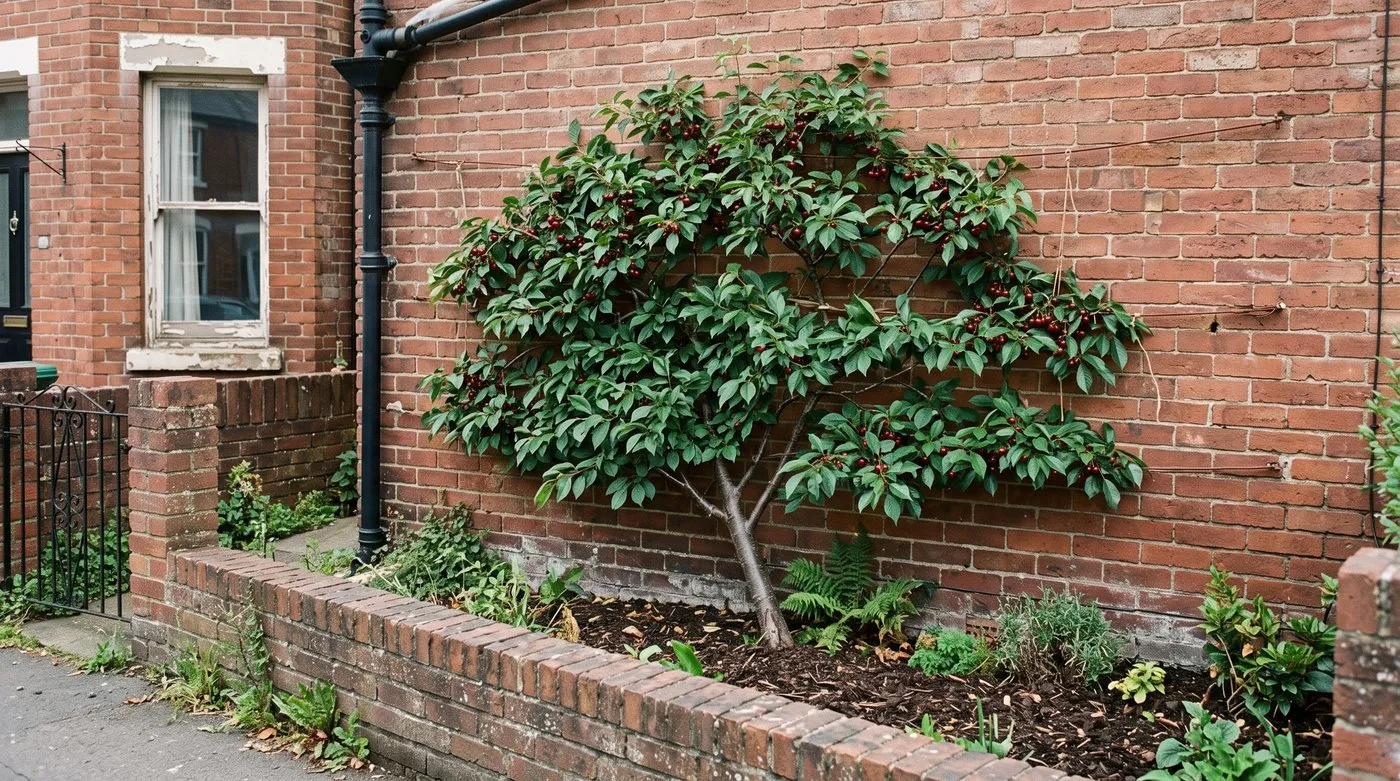 Fan-trained Morello cherry on a dwarf rootstock tied to wires on a north-facing front garden wall