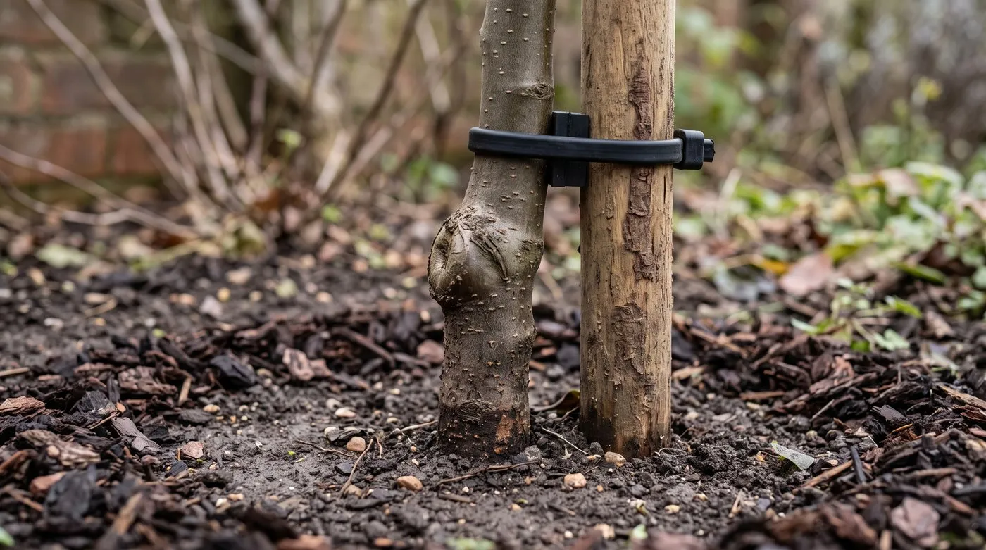 Graft union on a dwarf fruit tree trunk sitting well above the soil, with a stake and rubber tie