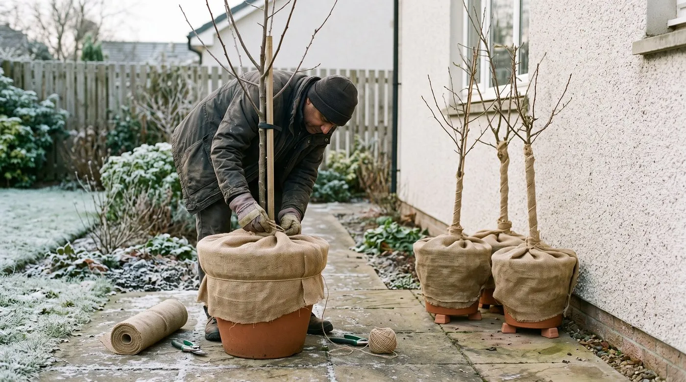 Man wrapping a potted dwarf fruit tree in hessian against a house wall on a frosty morning