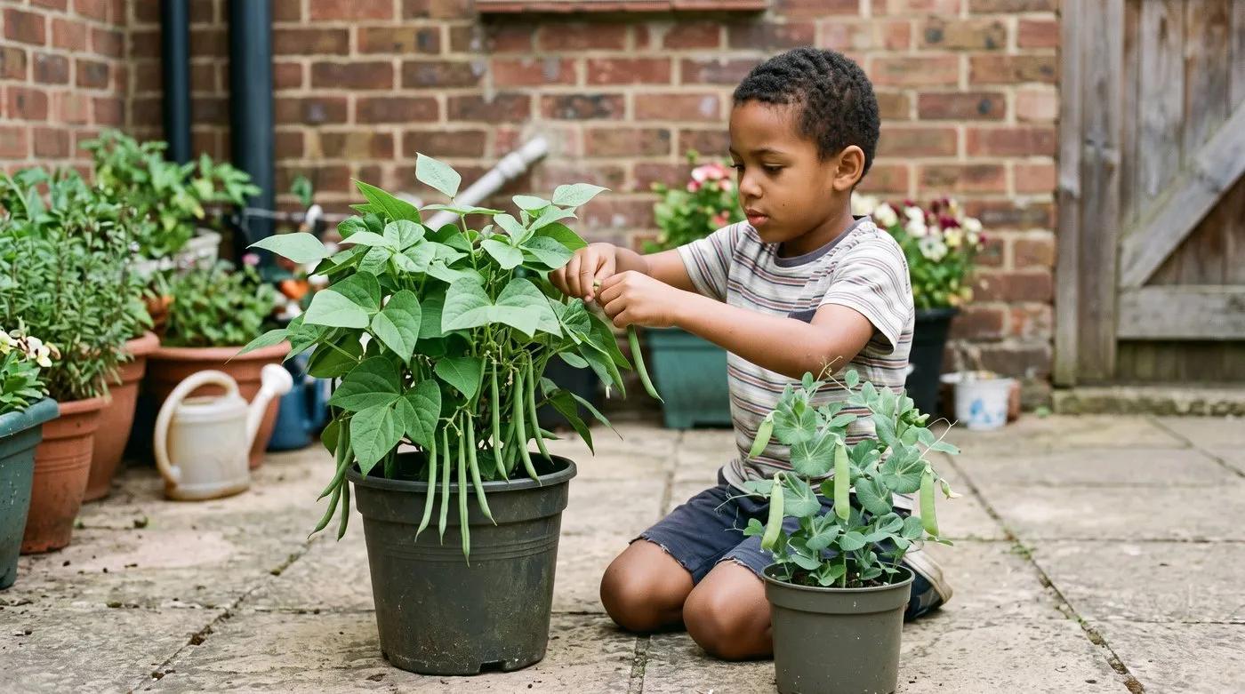 Boy picking pods from a dwarf French bean in a pot beside a pot of dwarf peas on a small patio