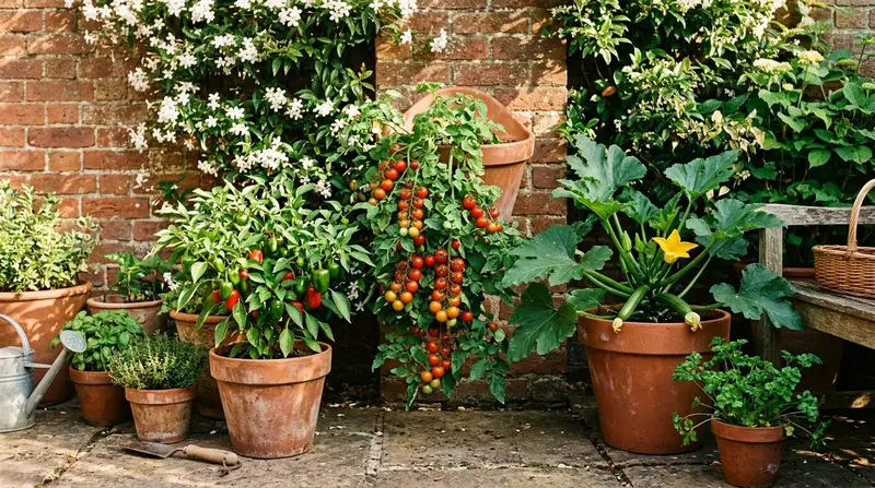Dwarf tomatoes peppers and courgettes growing in terracotta pots on a small UK patio against a brick wall
