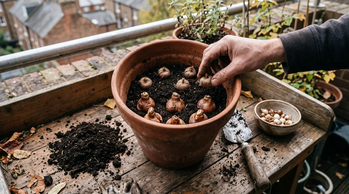 Bulb lasagne in a terracotta pot with daffodil bulbs at the bottom and crocus corms layered above